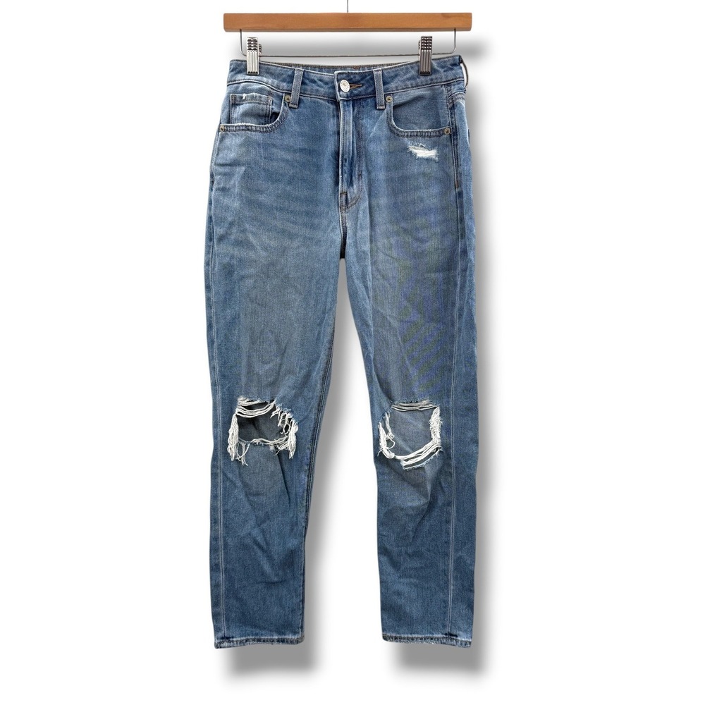 American Eagle Mom Jeans Womens 2 Short Blue Distressed High Rise Ripped Knee
